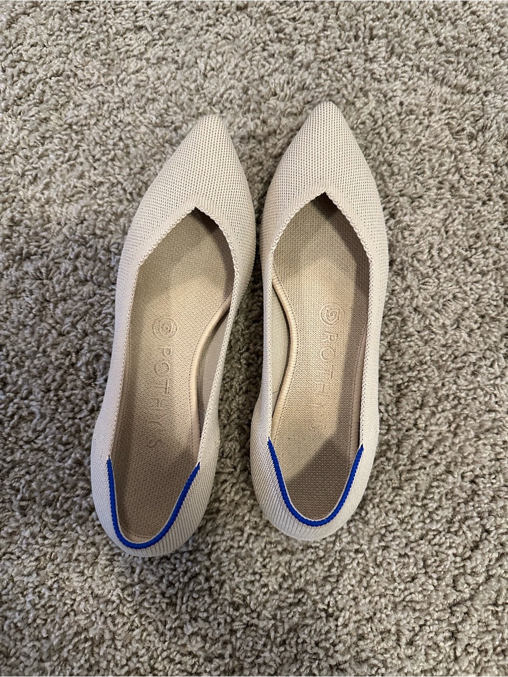 Rothy's Beige Pointed-Toe Flats with Blue Trim